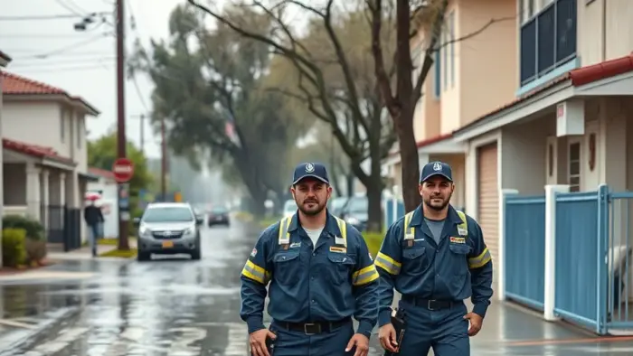 Storm water pooling on a residential street in Downey, CA during heavy winter rain