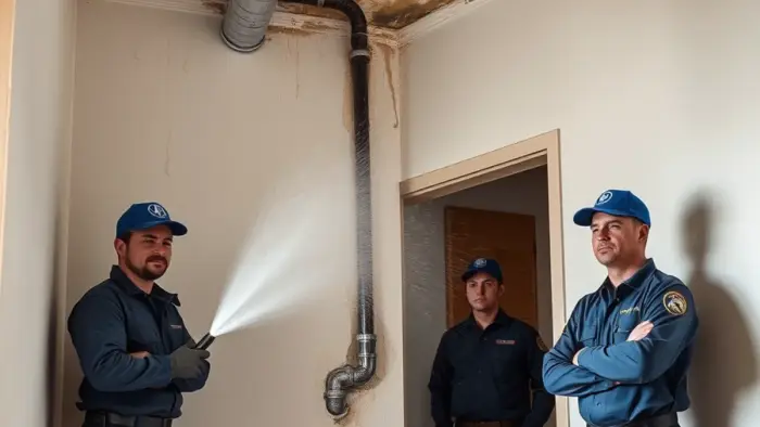 Water spraying from a burst supply pipe inside a wall in a Downey, CA home