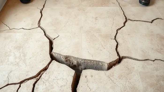 Cracked slab and tile caused by expansive clay soil movement in a Downey, CA home