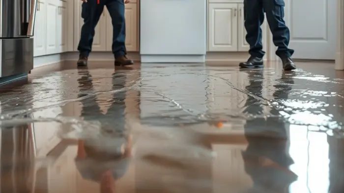 Water spreading across a kitchen floor from a leaking dishwasher in a Downey, CA home