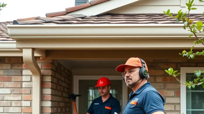 Clearing gutters and checking downspout discharge at a Downey, CA home before the rainy season