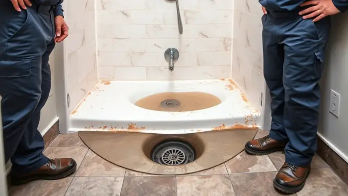 Sewage backing up through a shower drain in a Downey, CA home bathroom