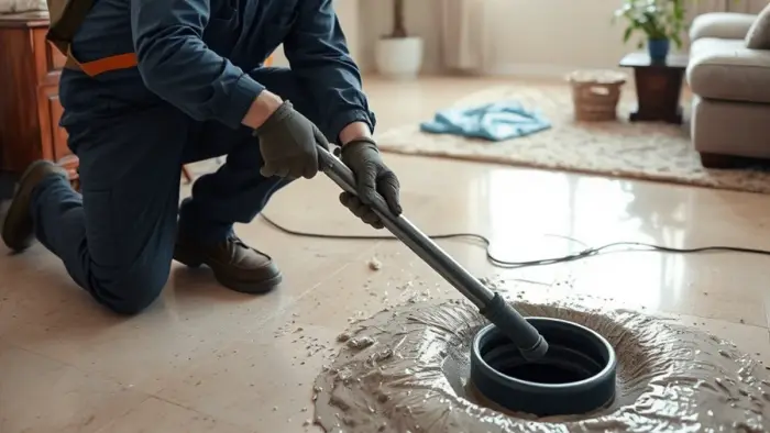 Technician in protective equipment performing sewage backup cleanup in a Downey, CA home