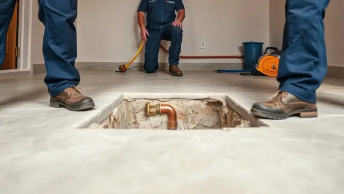 Opened concrete slab exposing a leaking copper supply line in a Downey, CA home