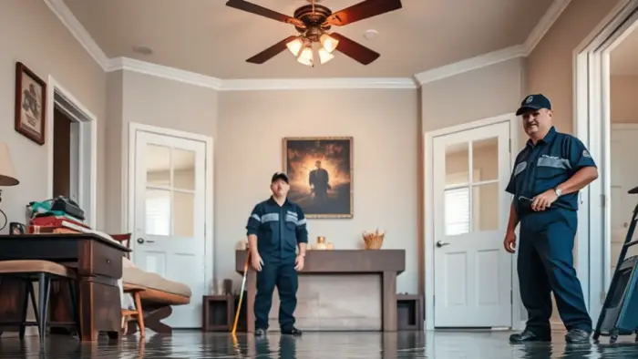 Standing water across the floor of a flooded Downey, CA home