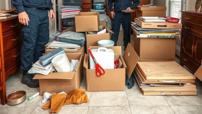 Sorting flood-damaged contents for salvage after storm water entered a Downey, CA home