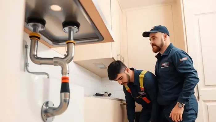 Homeowner checking under a kitchen sink for leaks during a monthly inspection in Downey, CA
