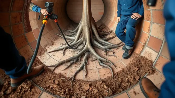 Camera inspection showing tree root intrusion in a clay-tile sewer lateral in Downey, CA