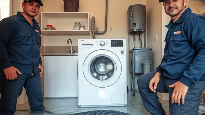 Burst washing machine supply hose flooding a laundry room in a Downey, CA home
