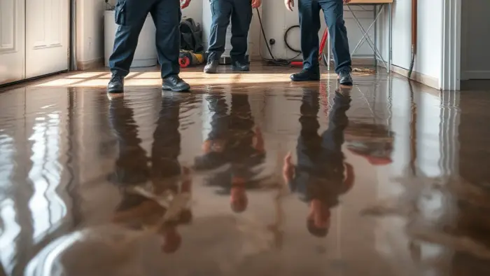Failed water heater flooding the garage floor of a Downey, CA home