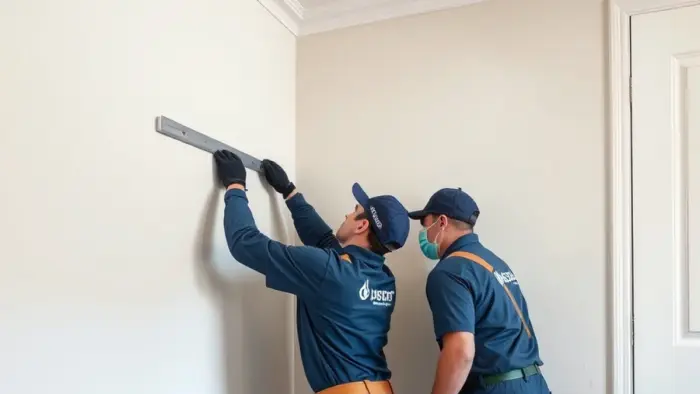 Flood cut removing water-damaged drywall at the base of a wall in a Downey, CA home