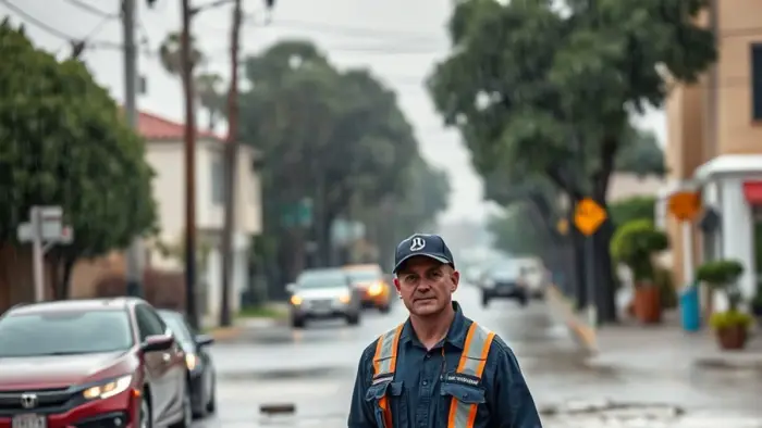 Heavy atmospheric river rainfall flooding a street in the San Gabriel Valley, CA