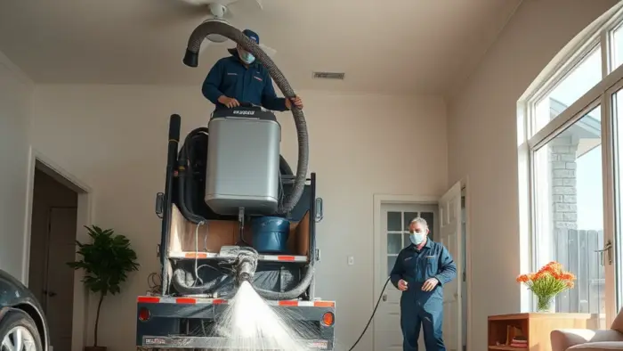 Truck-mounted water extraction removing water from carpet in a Downey, CA home