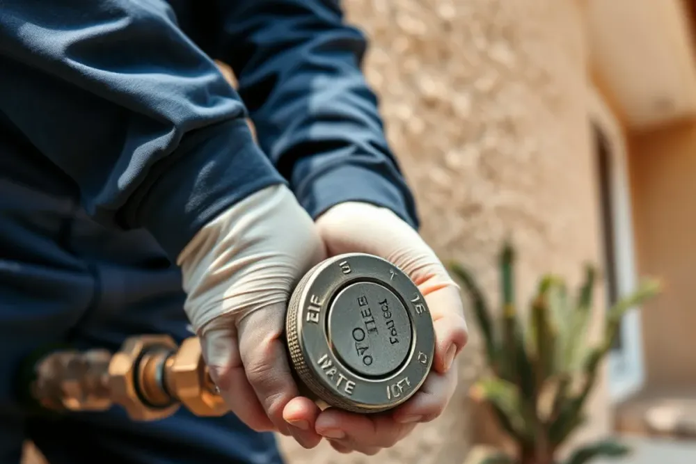 Hand closing the main water shut-off valve at a Downey, CA home