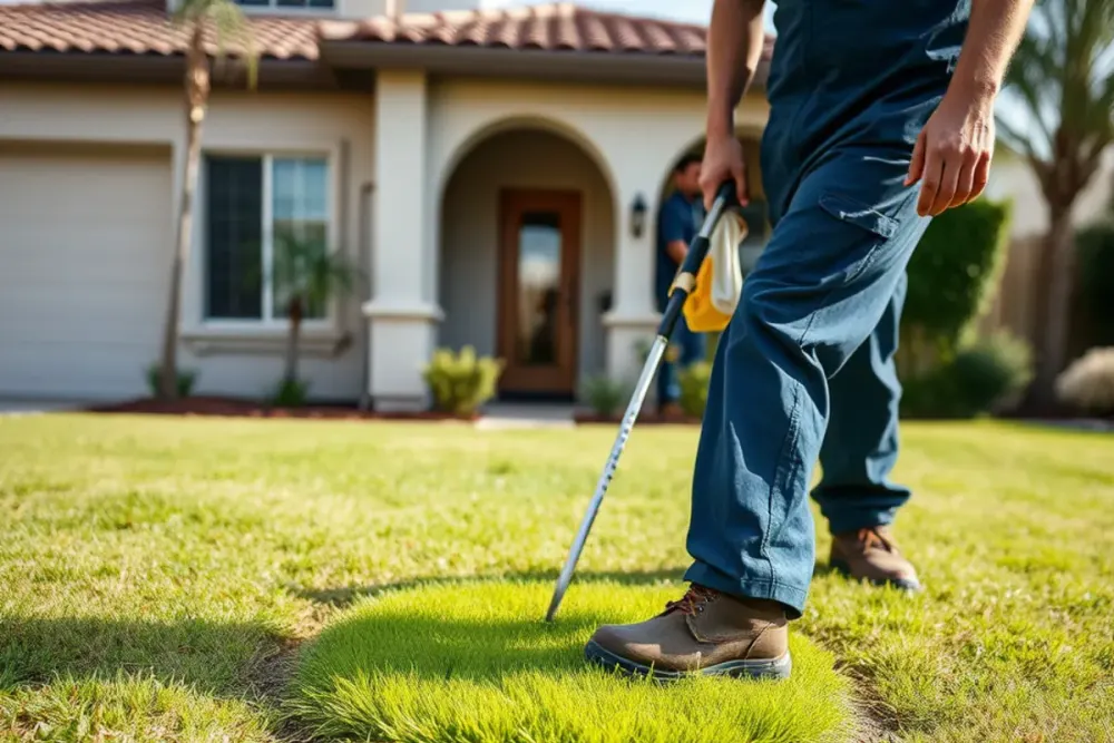 Green soggy lawn patch above a leaking service line in Downey, CA