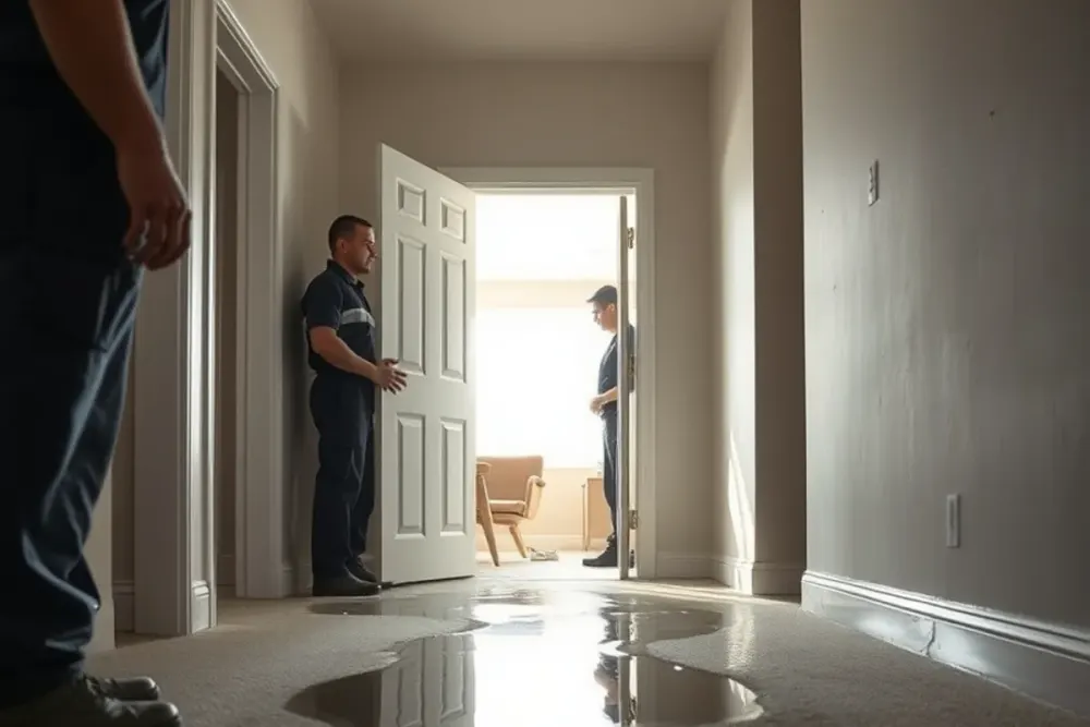 Water damage spreading across a floor over time in a Downey, CA home