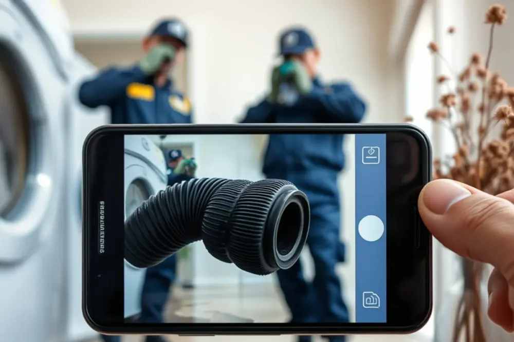 Photographing a burst washing machine hose before it is replaced in Downey, CA