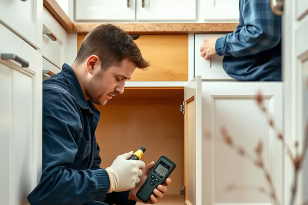 Moisture meter revealing hidden water under kitchen cabinets in a Downey, CA home