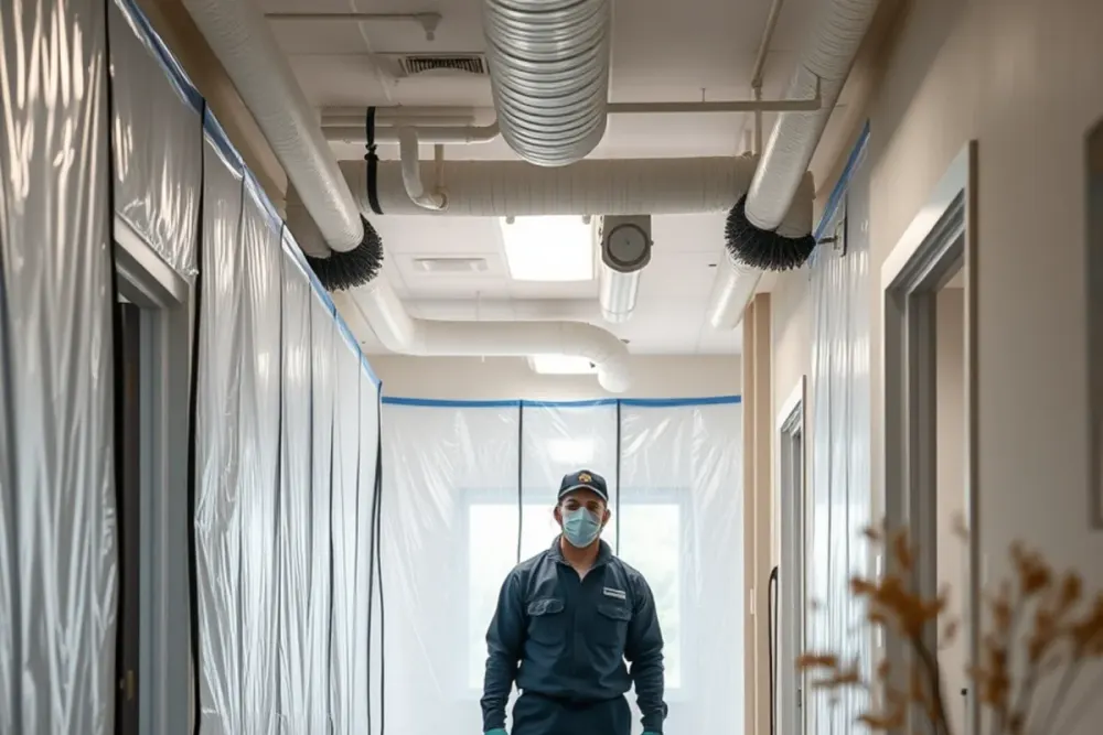 Multi-room containment set up for mold remediation in a Los Angeles County home
