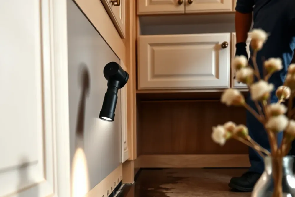 Checking the void beneath kitchen cabinets for trapped water in Downey, CA