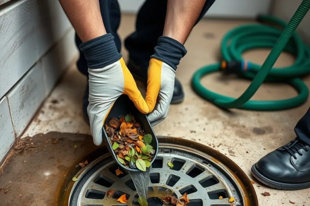 Clearing a silted yard drain before winter rain in Downey, CA