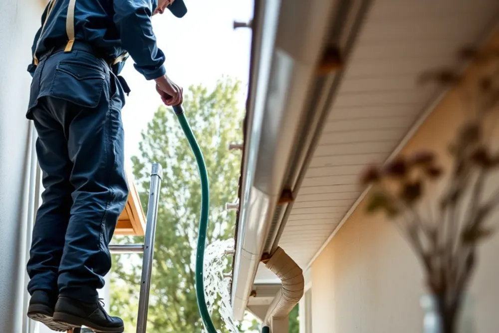 Clearing gutters and testing downspouts on a Downey, CA home