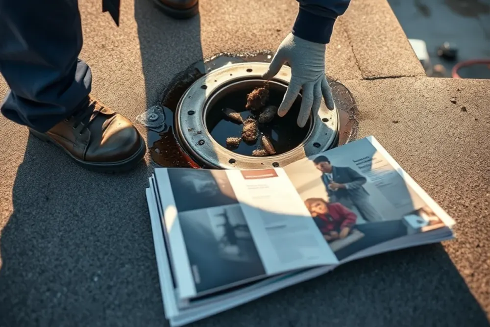 Clearing a blocked roof drain on a flat commercial roof in Downey, CA