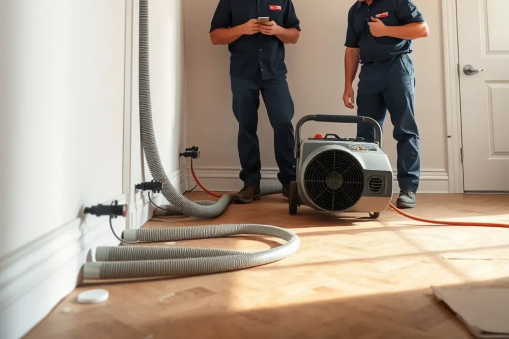 Cavity drying system running inside an opened wall after a burst pipe in Downey, CA