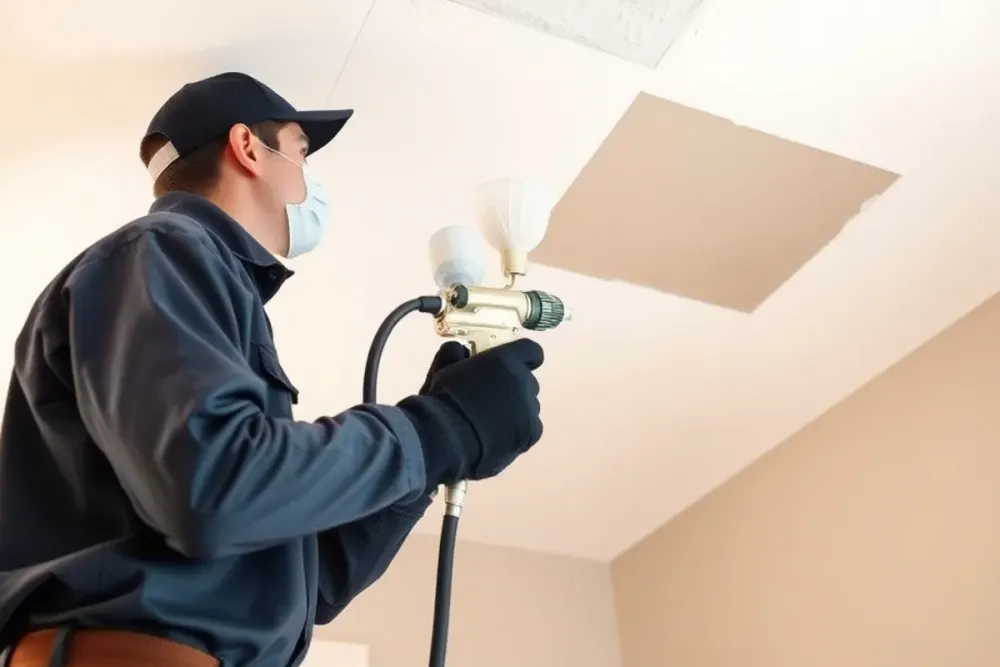 Technician matching ceiling texture during water damage repair in a Downey, CA home