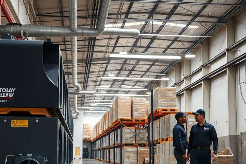 Commercial drying equipment running in a Downey, CA warehouse after a water loss