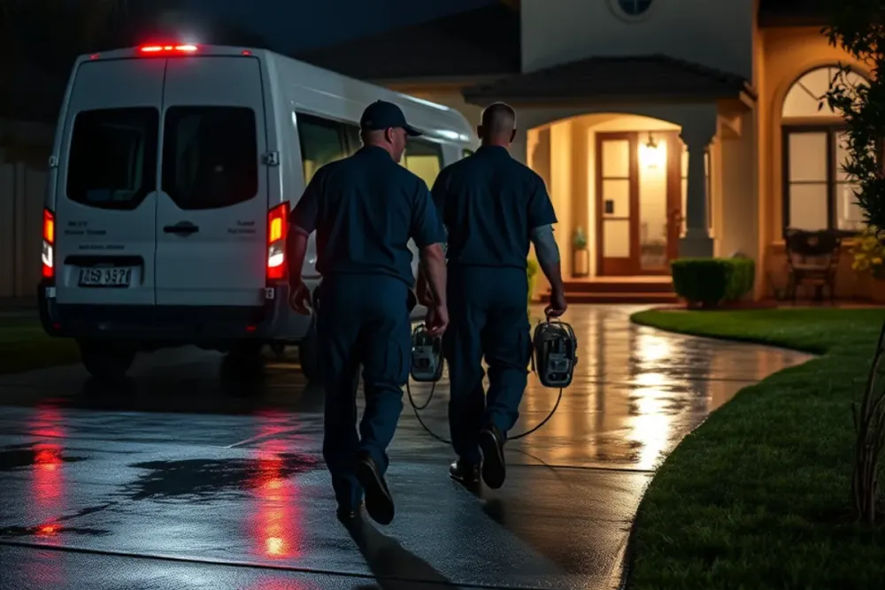 Restoration van arriving at a Downey, CA home at night for emergency water removal