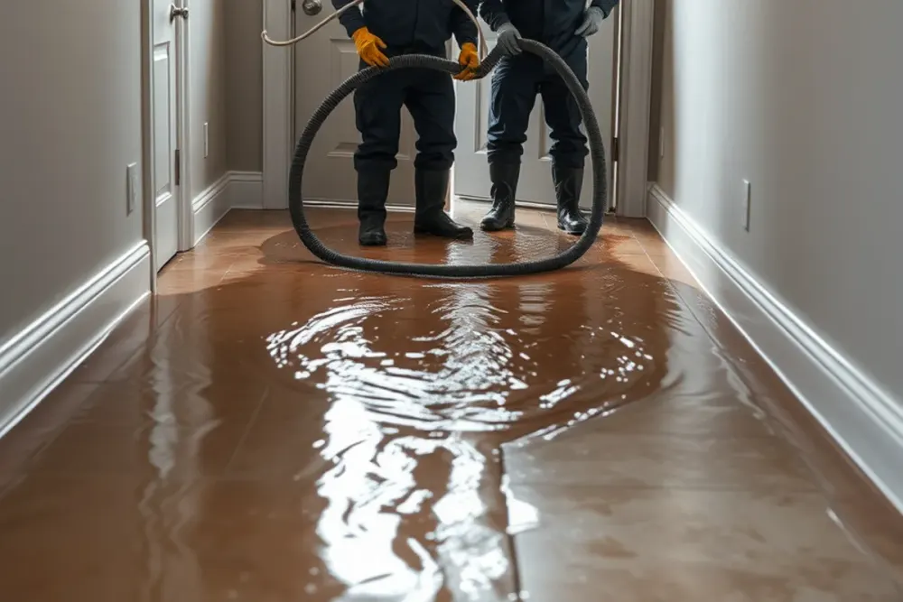 Crew pumping storm floodwater out of a flooded Downey, CA home