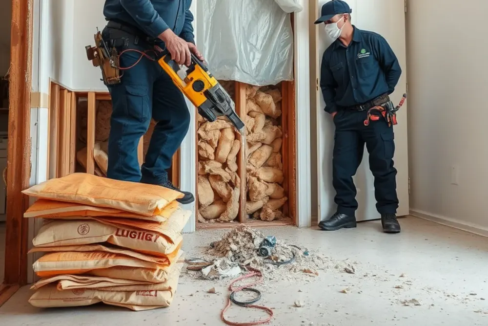 Removing drywall above the flood line after storm flooding in a Downey, CA home