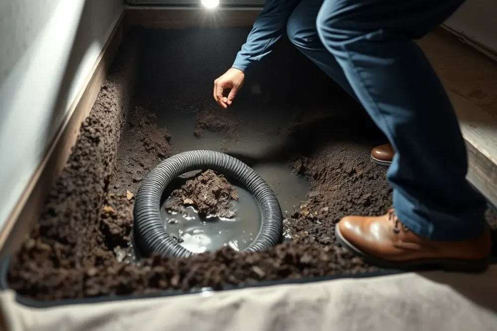 Technician pumping standing water from a crawl space beneath a Downey, CA home