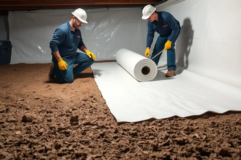 New vapor barrier being installed in a dried crawl space beneath a Downey, CA home