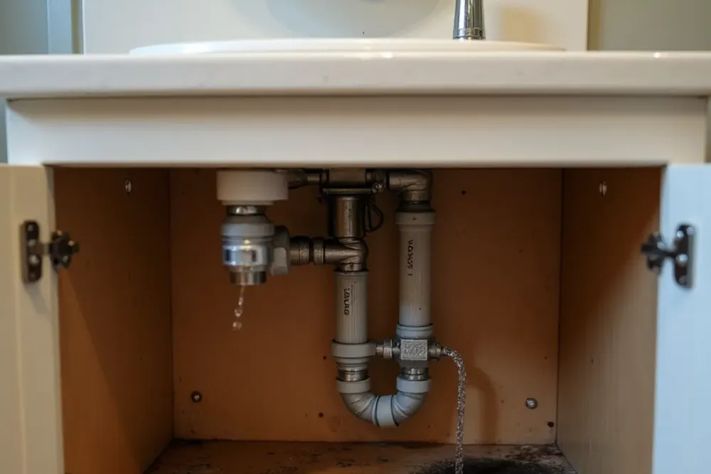 Open vanity cabinet in a Downey, CA home with water spraying from a supply fitting above a base already stained and swollen from months of slow seepage