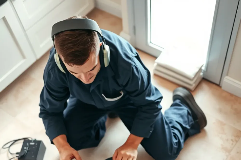 Technician using acoustic listening equipment to locate a hidden leak in a Downey, CA home