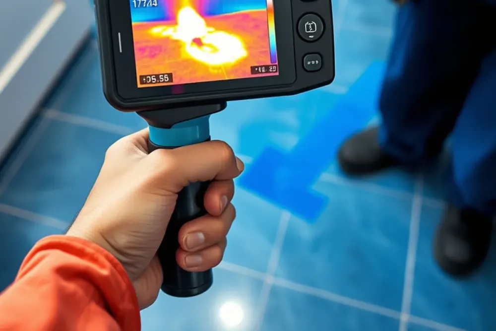 Thermal imaging camera revealing a hot-water slab leak under a Downey, CA floor