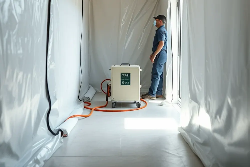 Mold remediation containment barrier and HEPA air scrubber in a Downey, CA hallway
