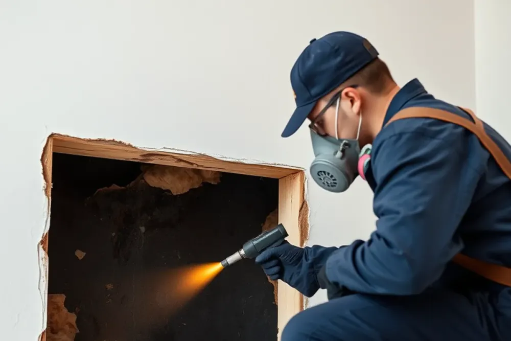 Technician inspecting mold inside an opened wall cavity in a Downey, CA home