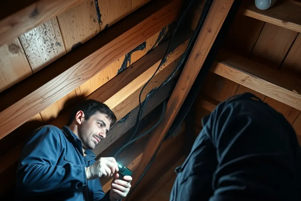 Technician tracing a roof leak across attic framing in a Downey, CA home