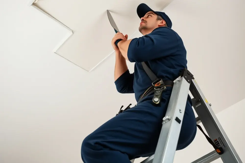 Ceiling being restored after roof leak water damage in a Downey, CA home