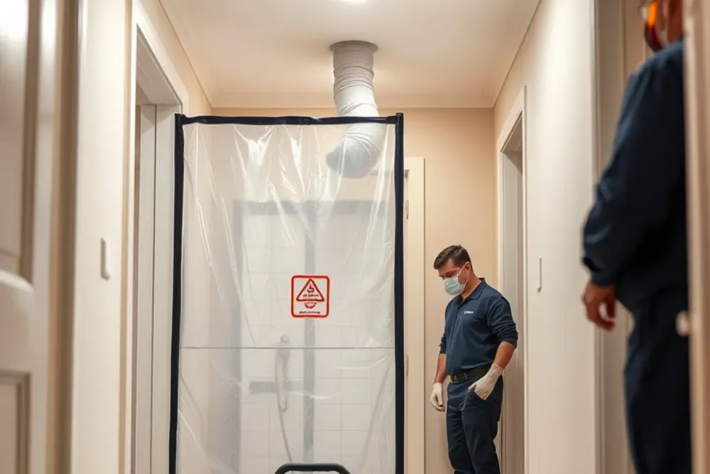 Sealed containment and negative air machine set up for sewage cleanup in a Downey, CA bathroom
