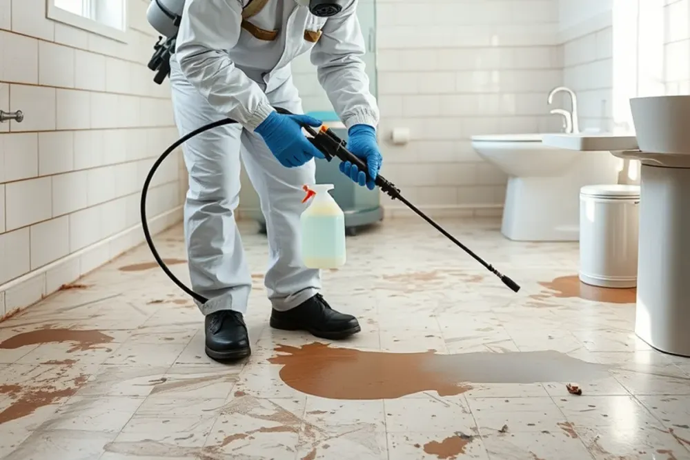 Technician in full protective equipment disinfecting after a sewage backup in Downey, CA