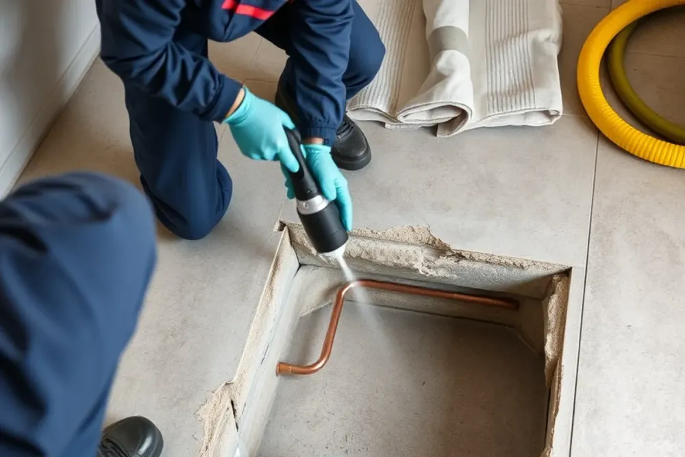 Concrete slab opened at a marked leak location in a Downey, CA home