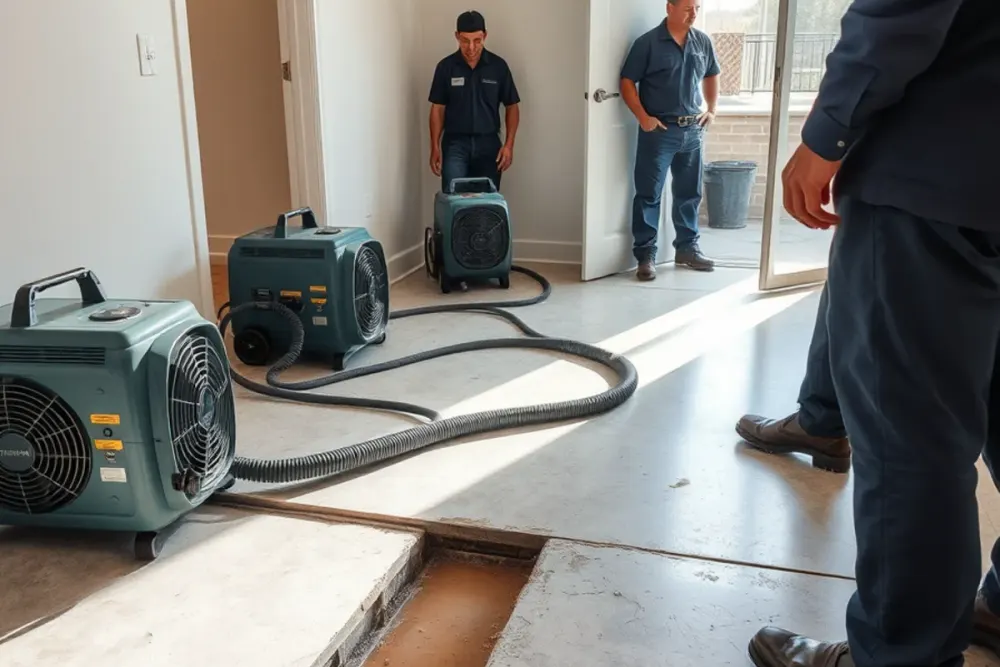 Drying equipment running on an opened concrete slab after a leak in a Downey, CA home