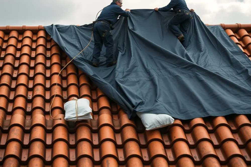 Crew securing an emergency tarp over storm-damaged roofing in Downey, CA