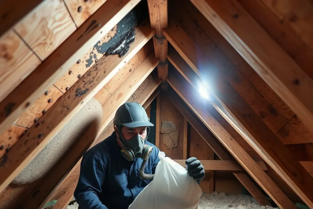 Saturated attic insulation being removed after storm damage in a Downey, CA home