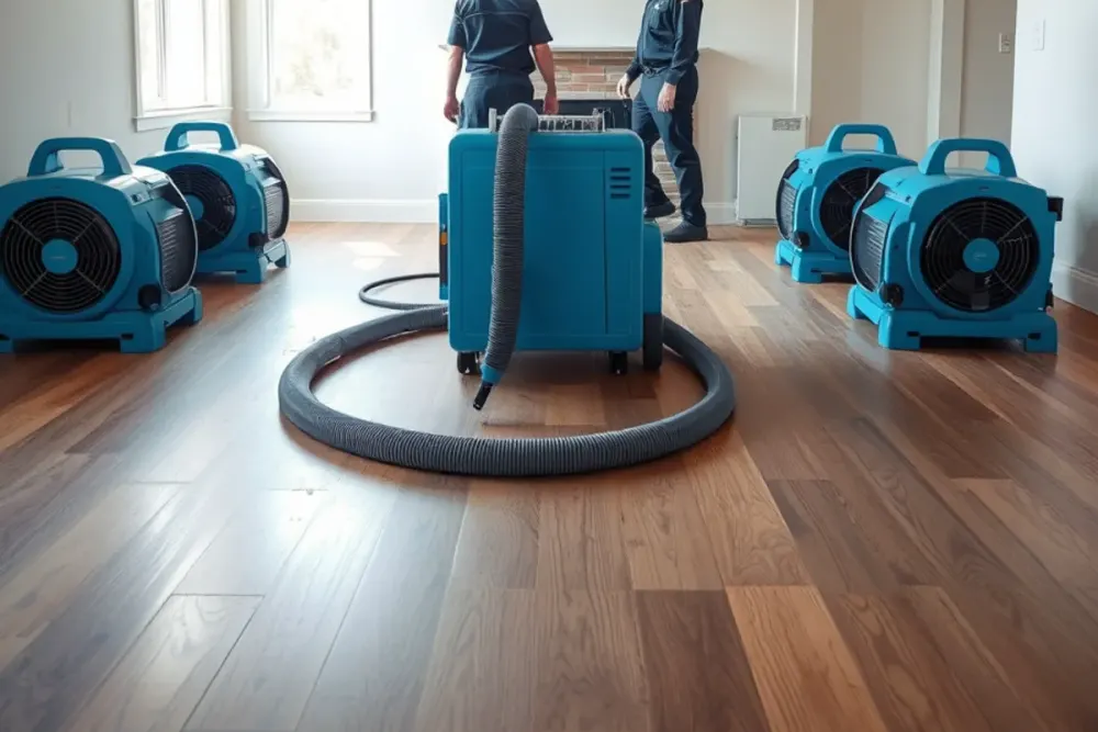Air movers and a dehumidifier drying a water-damaged Downey, CA living room