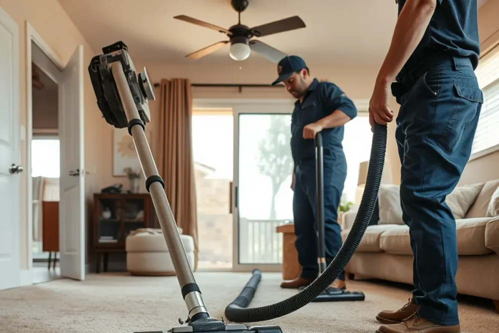 Technician using a truck-mounted extractor on soaked carpet in a Downey, CA home
